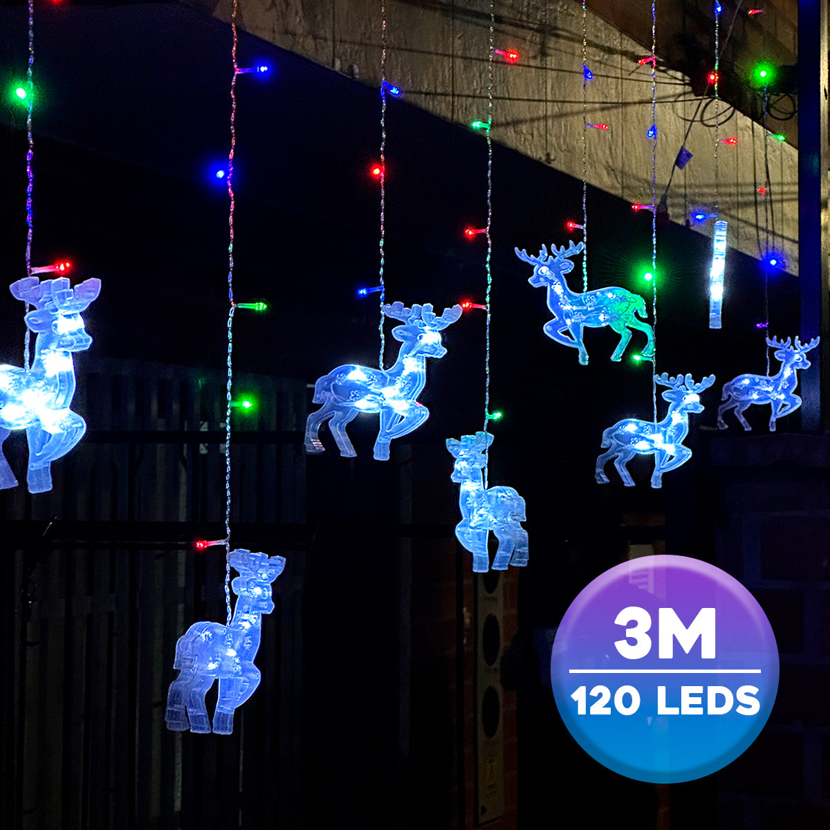 Cortina LED 3m con Figuras de Reno – 120 Lámparas Mágicas para Navidad