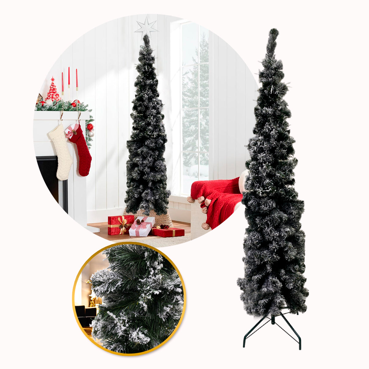 Árbol de Navidad Lápiz Nevado 180cm FEX10 – Elegancia Invernal para tu Navidad